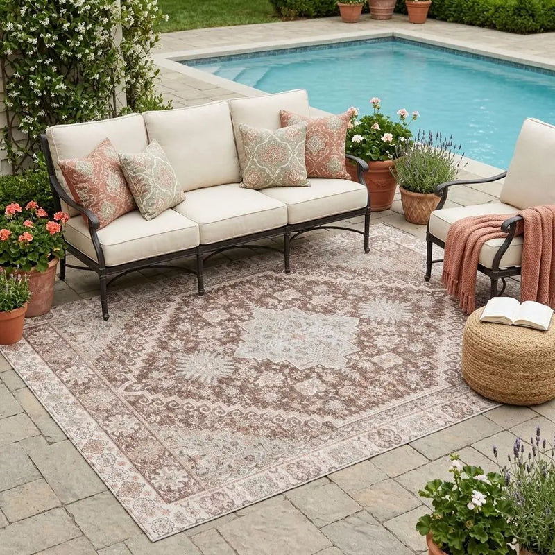 5' X 8' Orange And Beige Oriental Washable Indoor Outdoor Area Rug Homeroots Outdoor