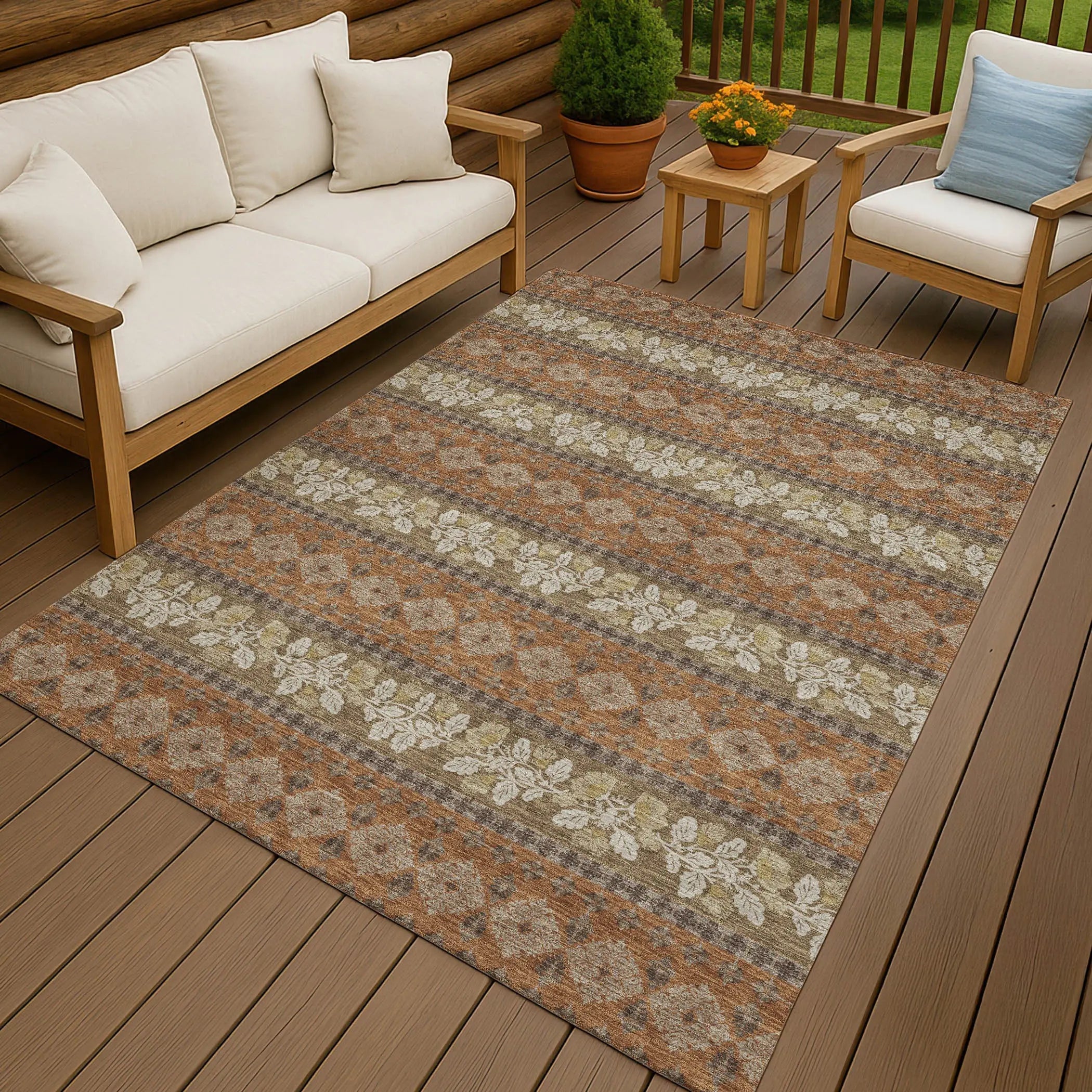 5' X 8' Orange And Beige Striped Washable Indoor Outdoor Area Rug Homeroots Outdoor