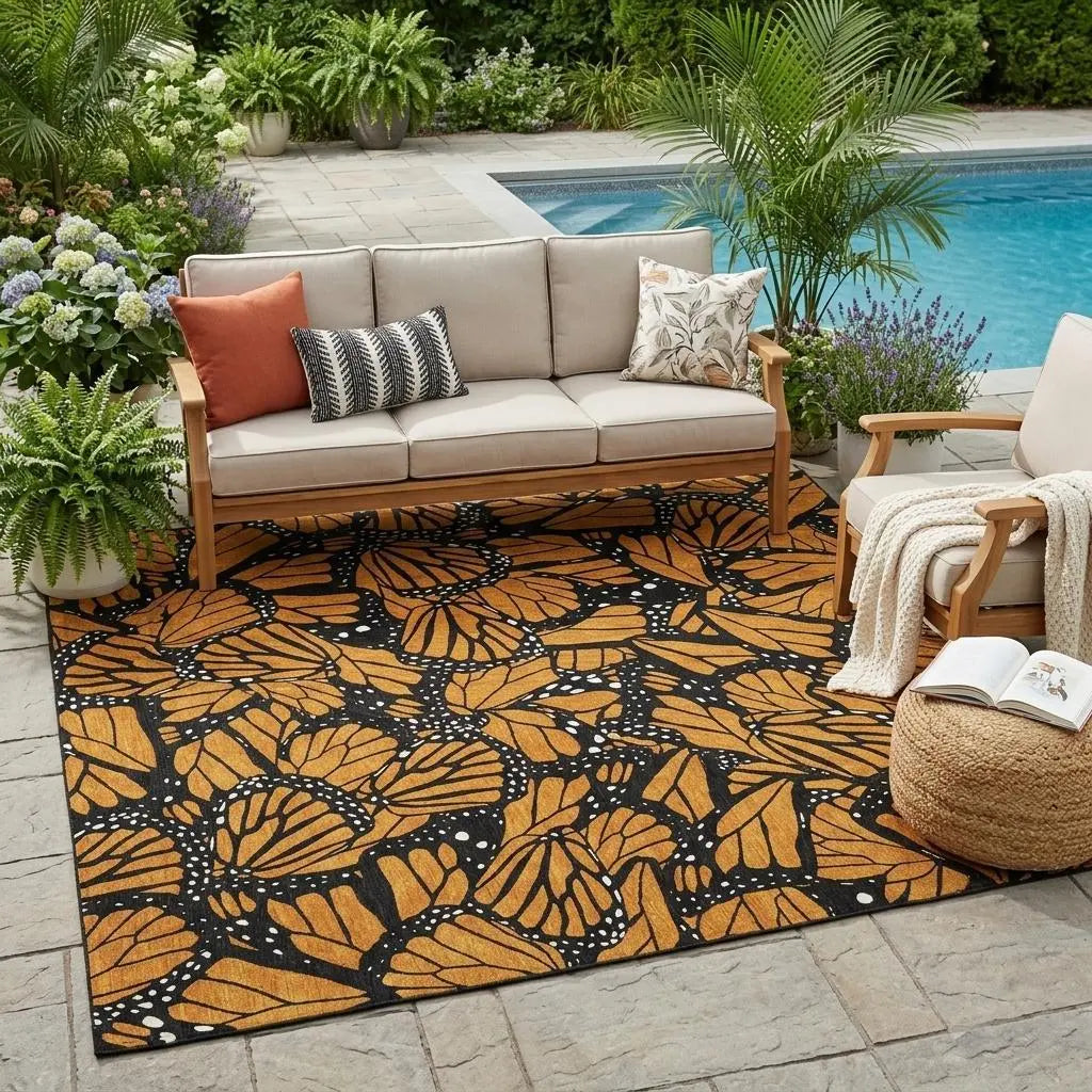 5' X 8' Orange And Black Animal Print Washable Indoor Outdoor Area Rug Homeroots Outdoor