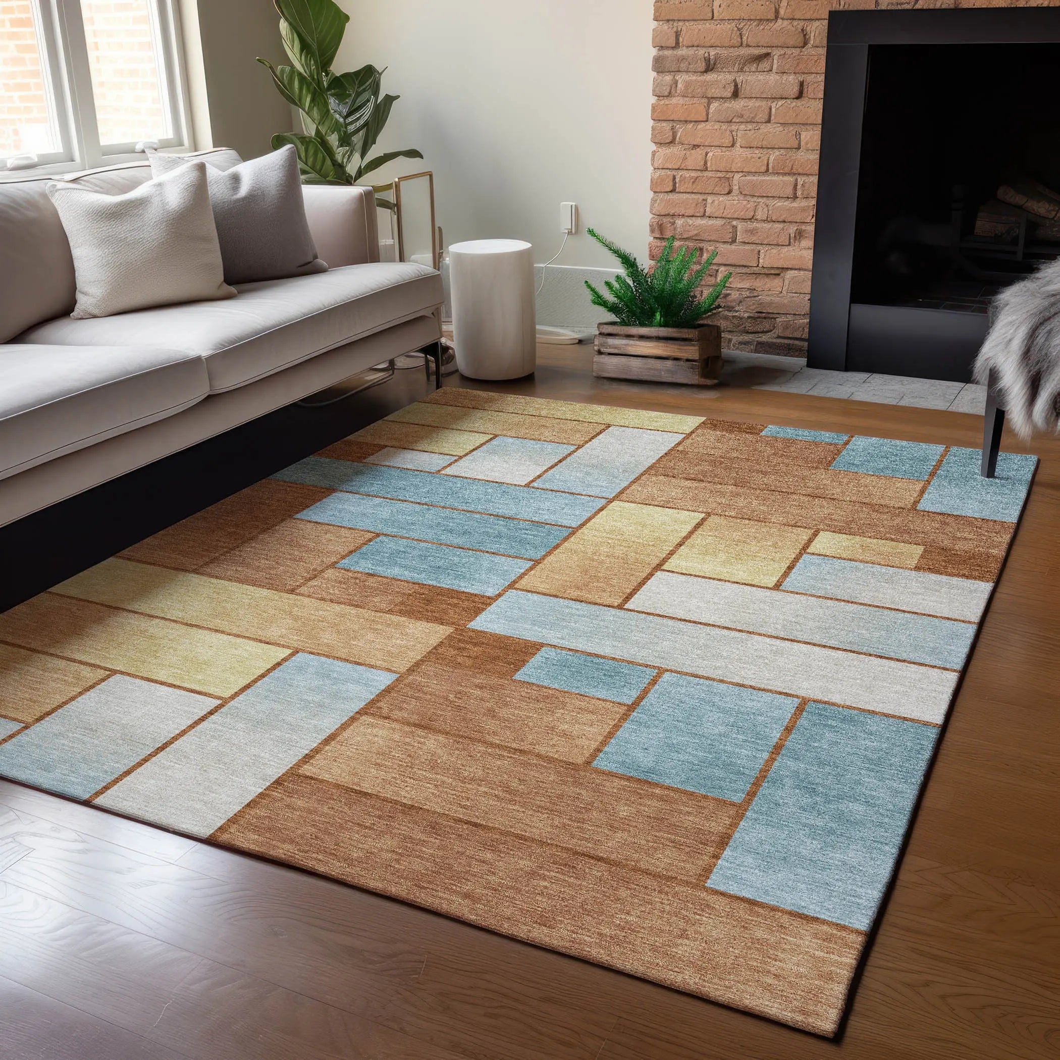 5' X 8' Orange And Blue Geometric Washable Indoor Outdoor Area Rug Homeroots Outdoor