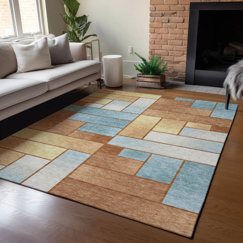 5' X 8' Orange And Blue Geometric Washable Indoor Outdoor Area Rug Homeroots Outdoor