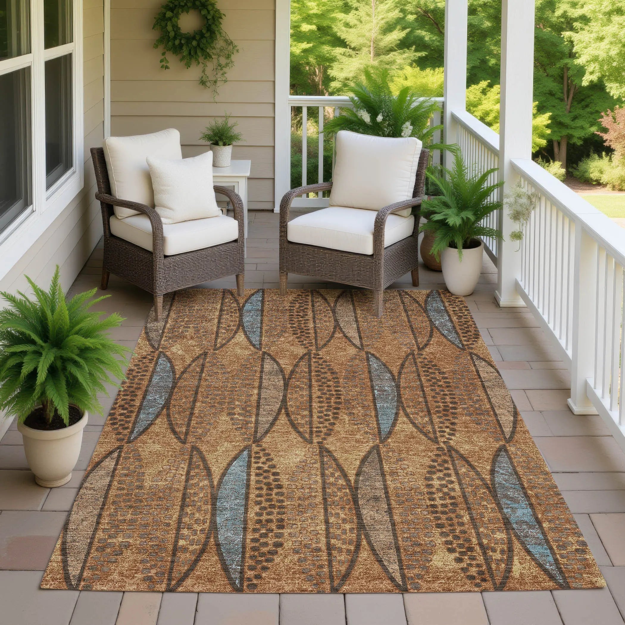 5' X 8' Orange And Blue Geometric Washable Indoor Outdoor Area Rug Homeroots Outdoor