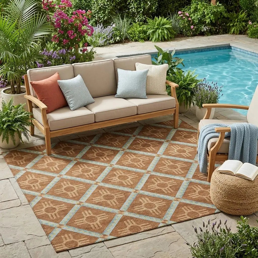 5' X 8' Orange And Blue Geometric Washable Indoor Outdoor Area Rug Homeroots Outdoor