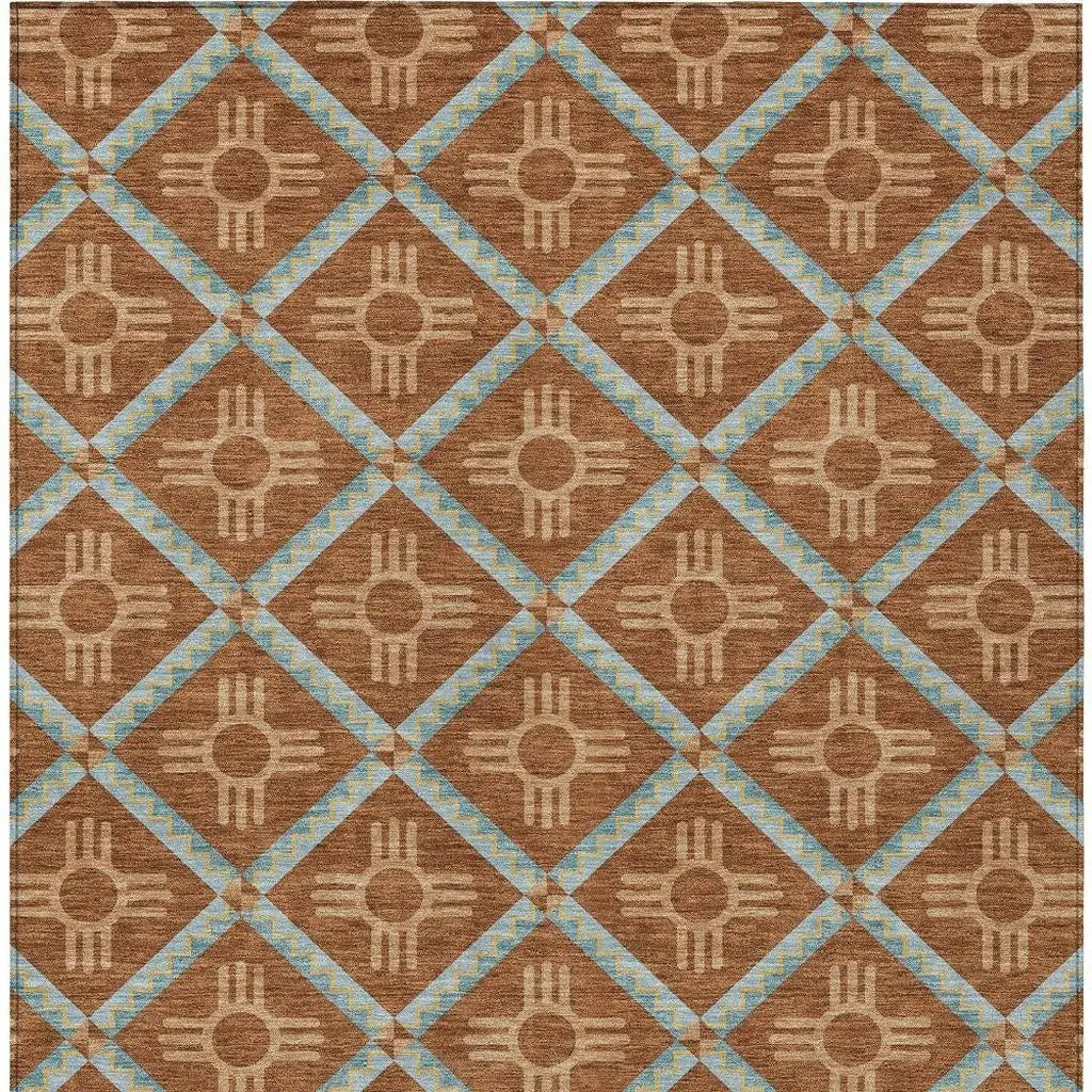 5' X 8' Orange And Blue Geometric Washable Indoor Outdoor Area Rug Homeroots Outdoor
