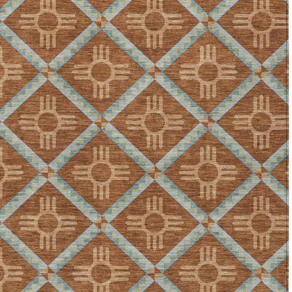5' X 8' Orange And Blue Geometric Washable Indoor Outdoor Area Rug Homeroots Outdoor