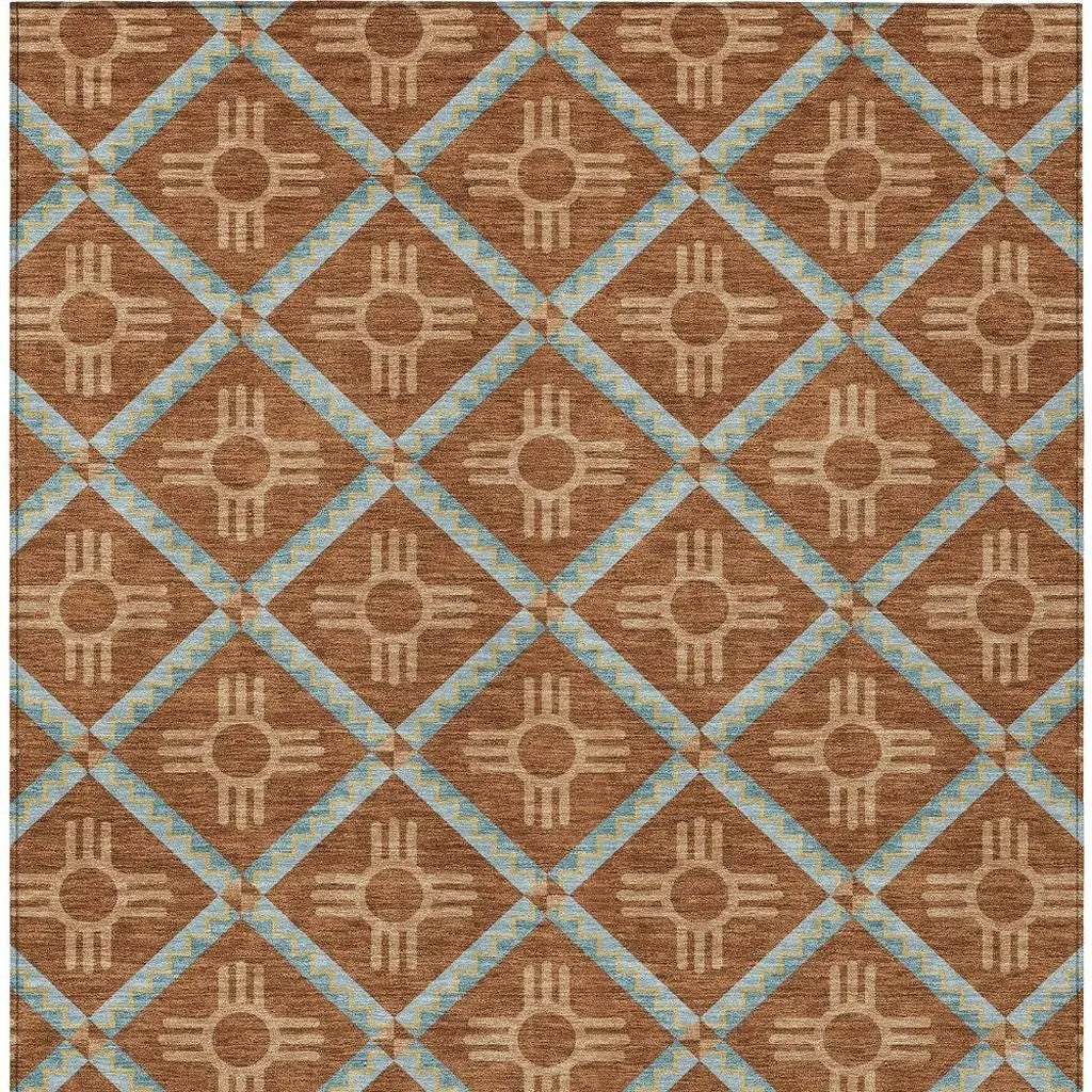 5' X 8' Orange And Blue Geometric Washable Indoor Outdoor Area Rug Homeroots Outdoor