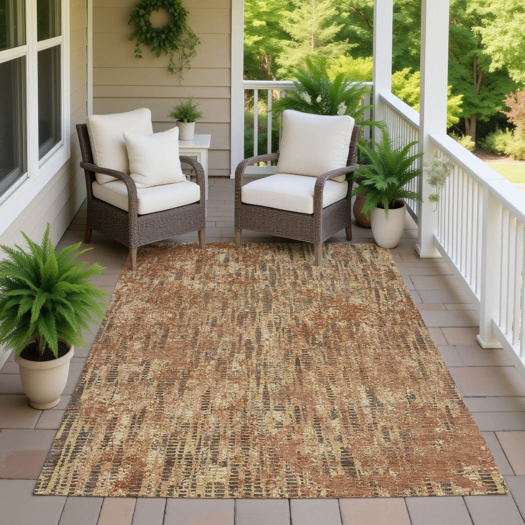 5' X 8' Orange And Brown Abstract Washable Indoor Outdoor Area Rug Homeroots Outdoor