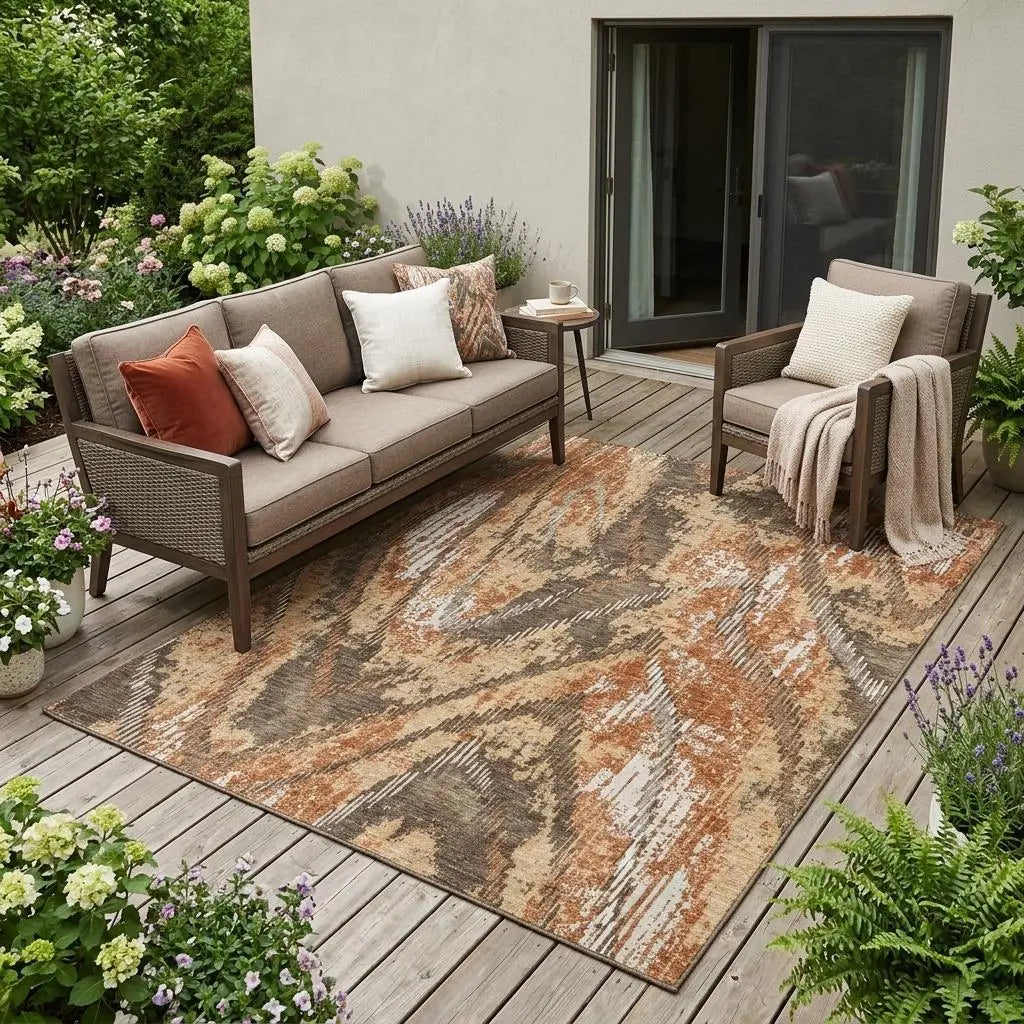 5' X 8' Orange And Brown Abstract Washable Indoor Outdoor Area Rug Homeroots Outdoor