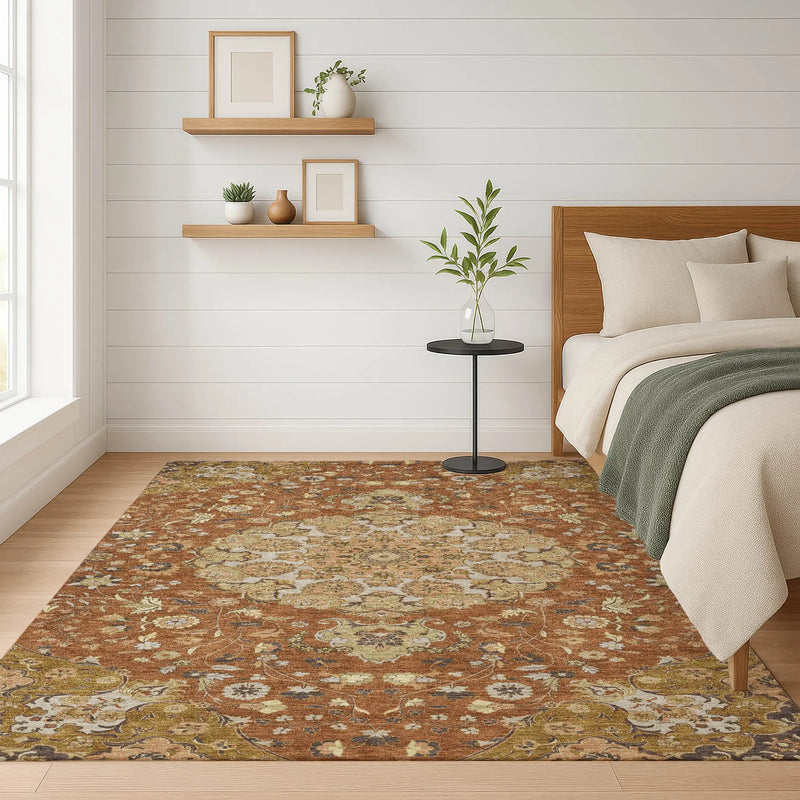 5' X 8' Orange And Brown Damask Washable Indoor Outdoor Area Rug Homeroots Outdoor