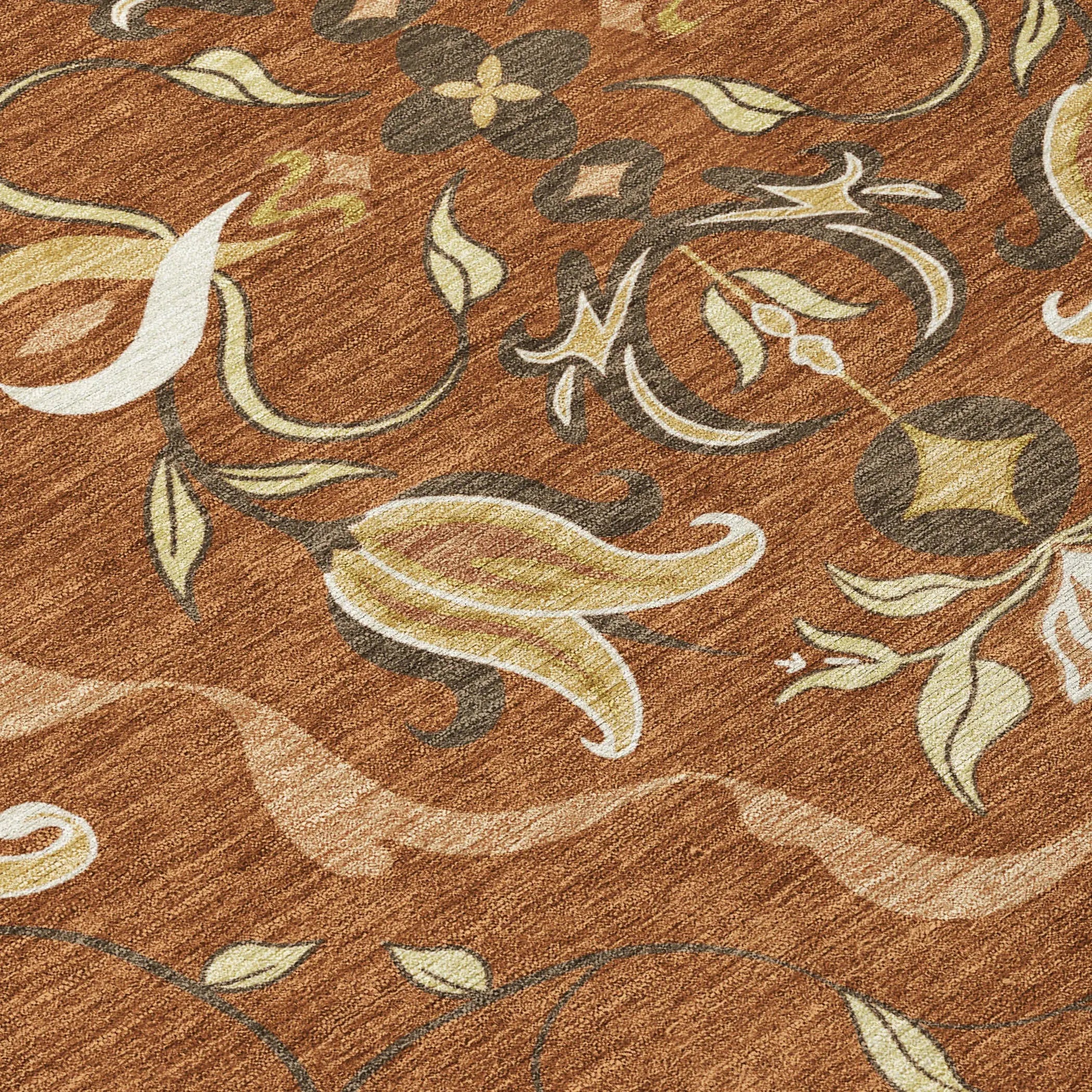 5' X 8' Orange And Brown Damask Washable Indoor Outdoor Area Rug Homeroots Outdoor