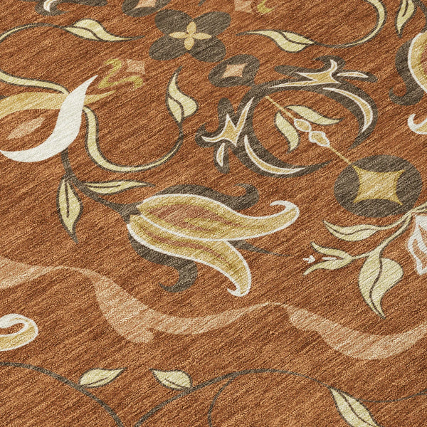 5' X 8' Orange And Brown Damask Washable Indoor Outdoor Area Rug Homeroots Outdoor