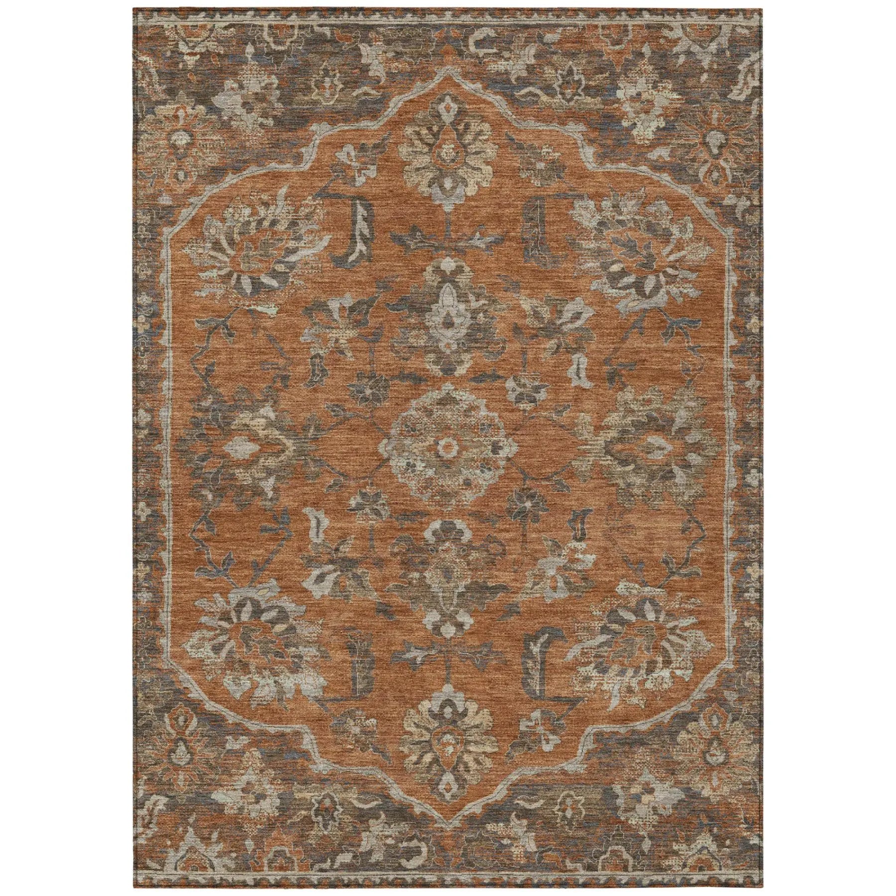 5' X 8' Orange And Brown Floral Medallion Washable Indoor Outdoor Area Rug Homeroots Outdoor