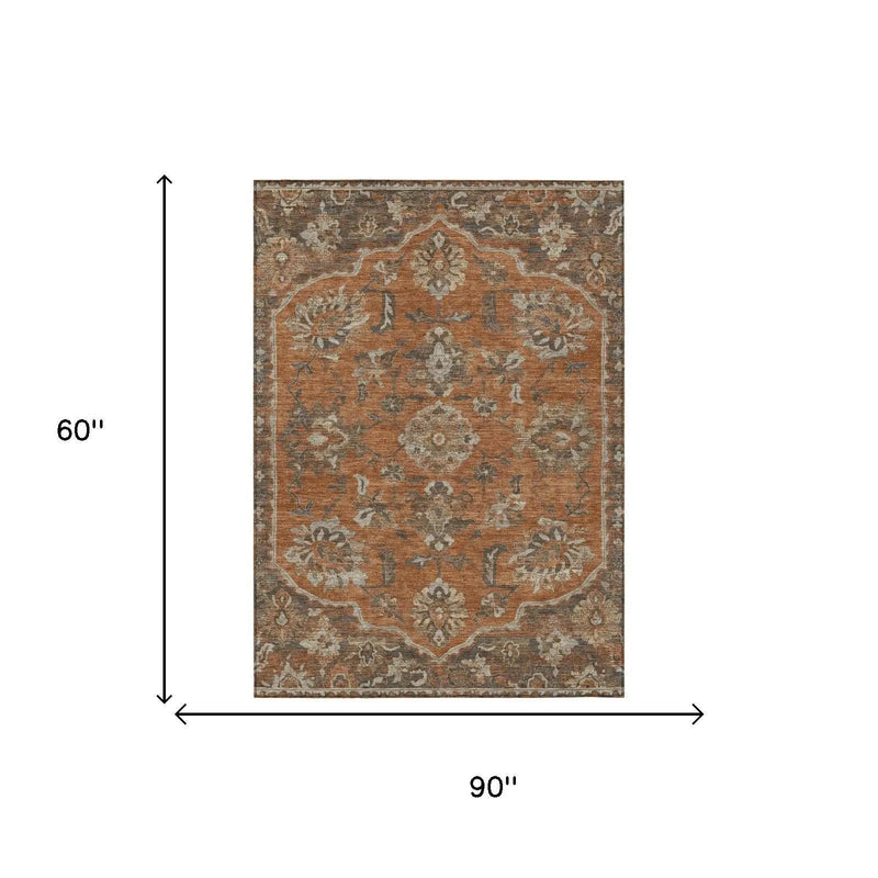 5' X 8' Orange And Brown Floral Medallion Washable Indoor Outdoor Area Rug Homeroots Outdoor