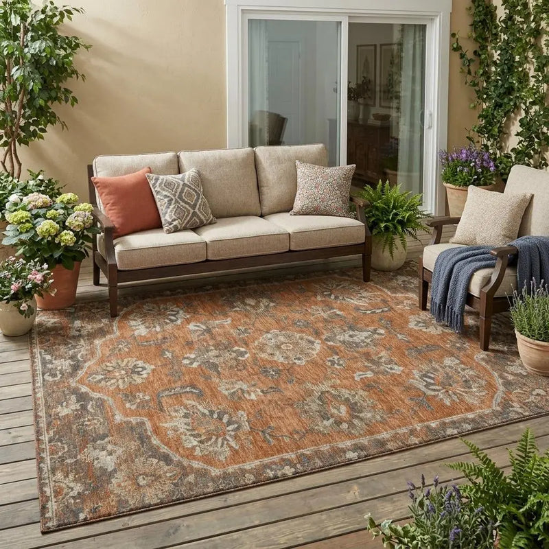 5' X 8' Orange And Brown Floral Medallion Washable Indoor Outdoor Area Rug Homeroots Outdoor