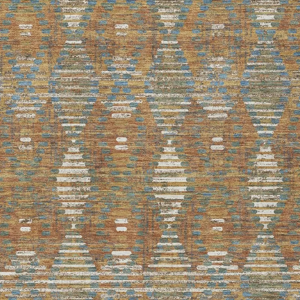 Multicolored geometric patterned area rug in earthy tones of brown, blue, and cream, made from soft, durable synthetic fibers.