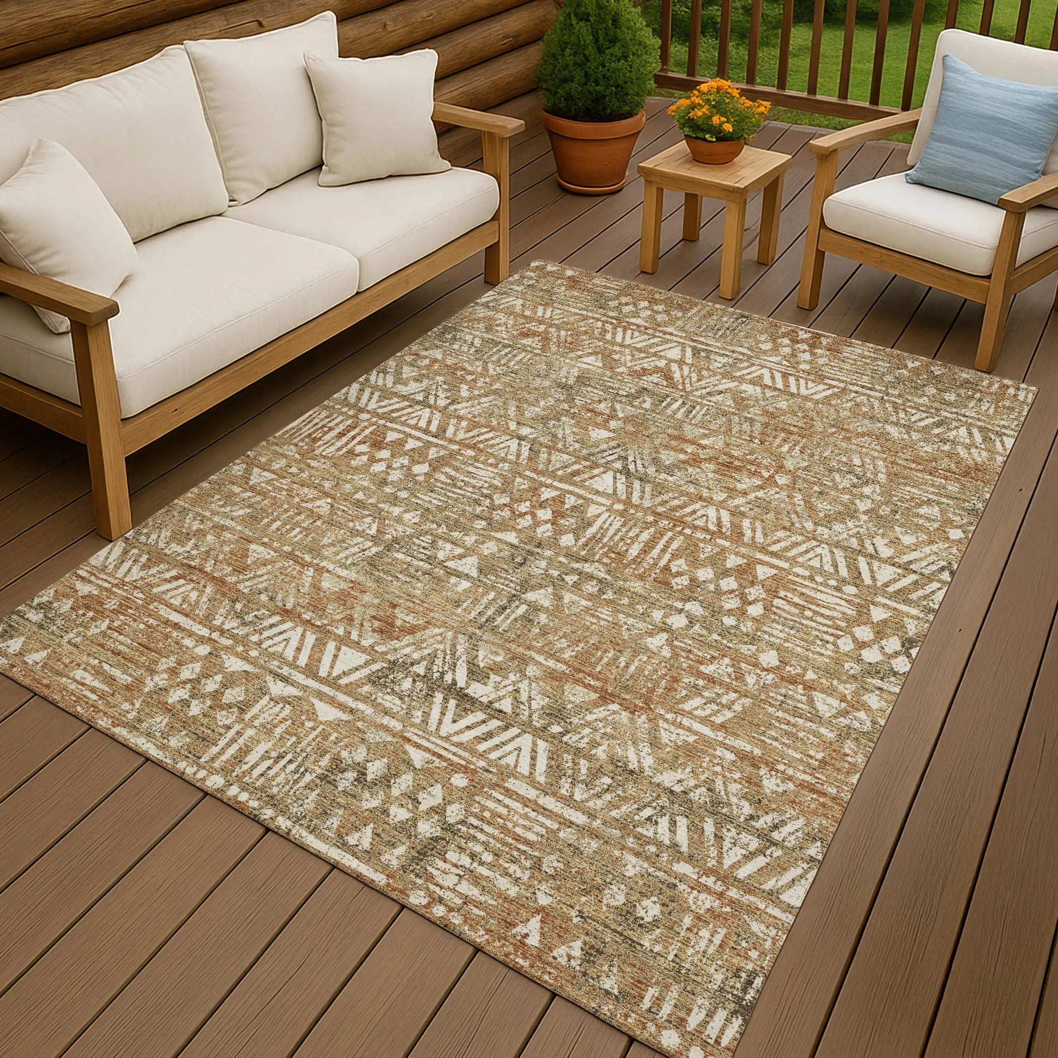 5' X 8' Orange And Brown Geometric Washable Indoor Outdoor Area Rug Homeroots Outdoor