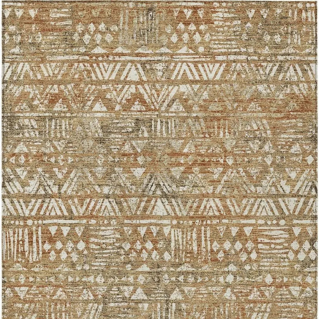 5' X 8' Orange And Brown Geometric Washable Indoor Outdoor Area Rug Homeroots Outdoor