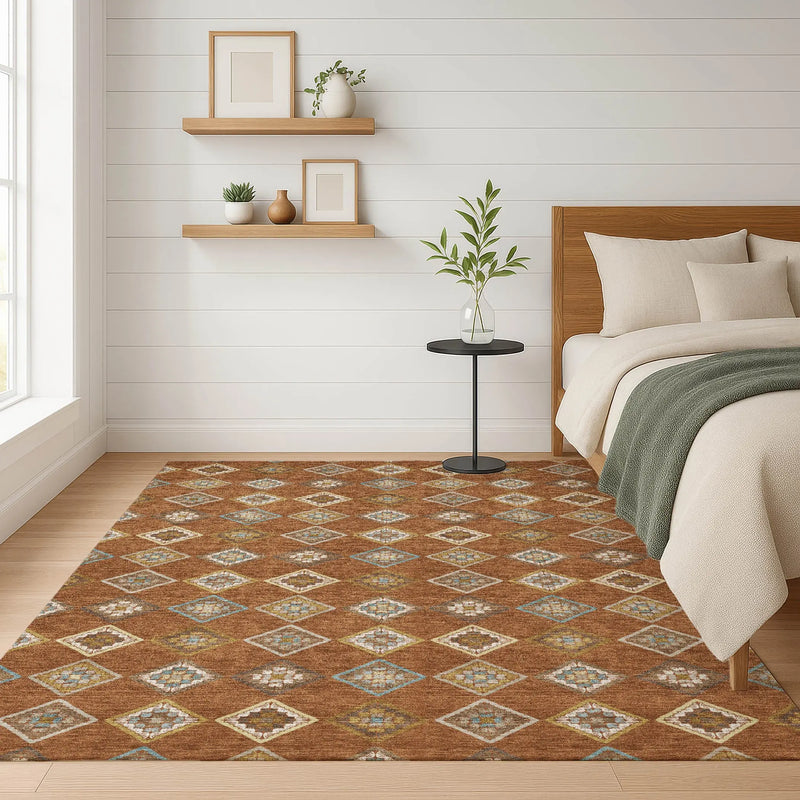 5' X 8' Orange And Brown Geometric Washable Indoor Outdoor Area Rug Homeroots Outdoor