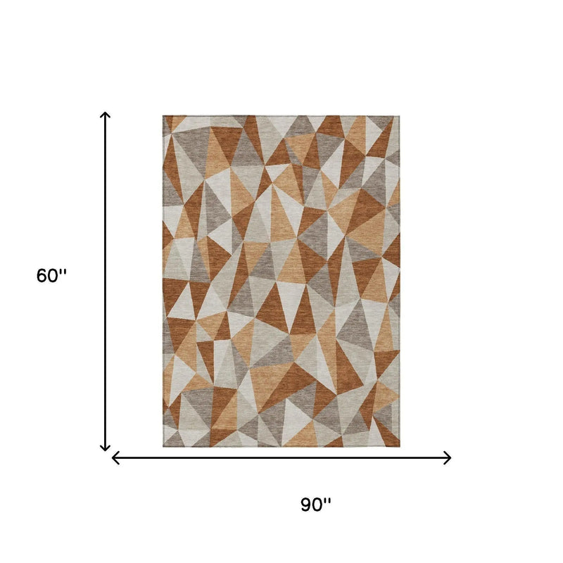 5' X 8' Orange And Brown Geometric Washable Indoor Outdoor Area Rug Homeroots Outdoor