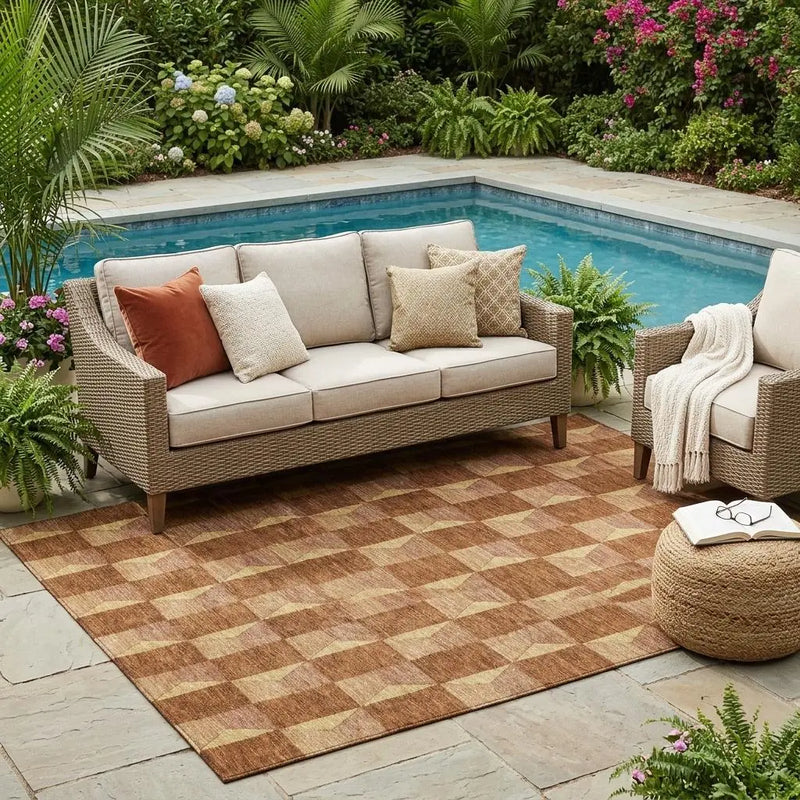 5' X 8' Orange And Brown Geometric Washable Indoor Outdoor Area Rug Homeroots Outdoor