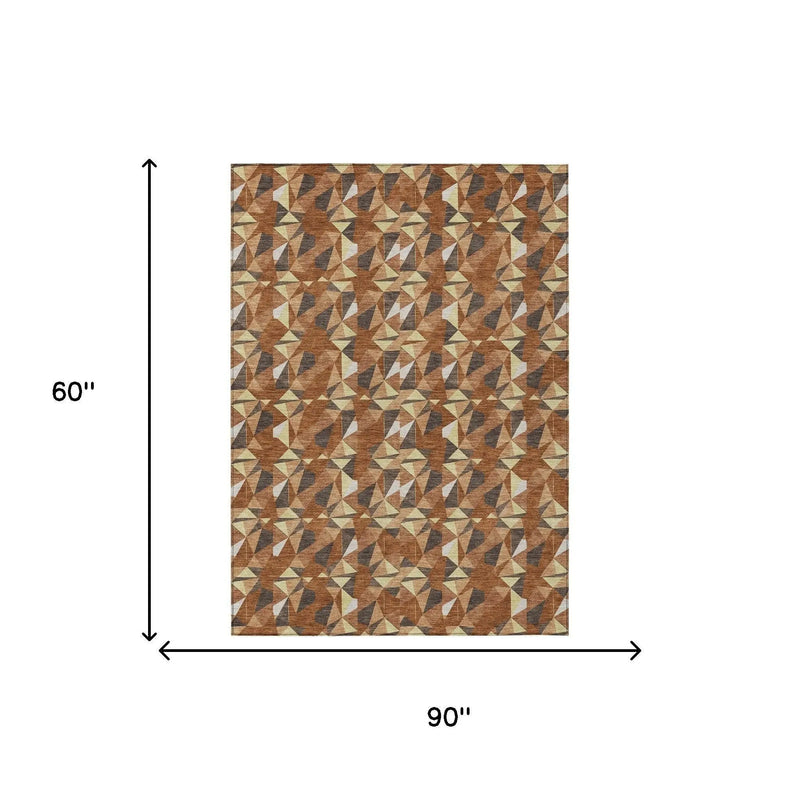 5' X 8' Orange And Brown Geometric Washable Indoor Outdoor Area Rug Homeroots Outdoor