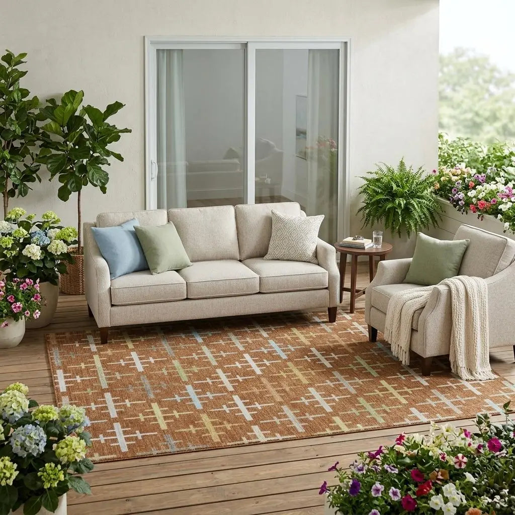 5' X 8' Orange And Brown Geometric Washable Indoor Outdoor Area Rug Homeroots Outdoor