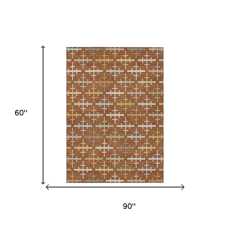 5' X 8' Orange And Brown Geometric Washable Indoor Outdoor Area Rug Homeroots Outdoor