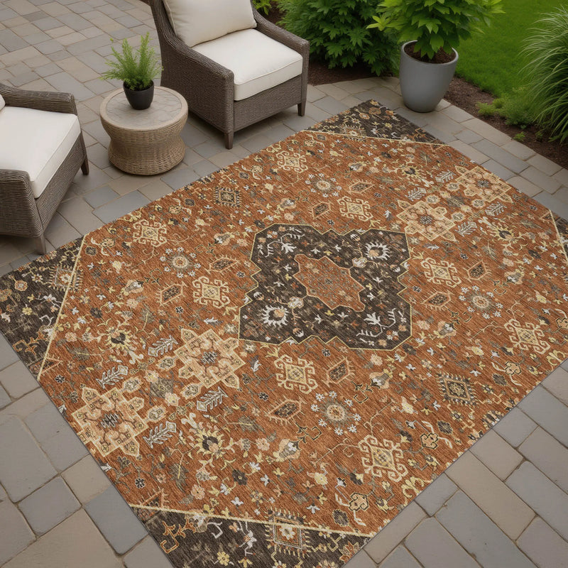 5' X 8' Orange And Brown Medallion Washable Indoor Outdoor Area Rug Homeroots Outdoor