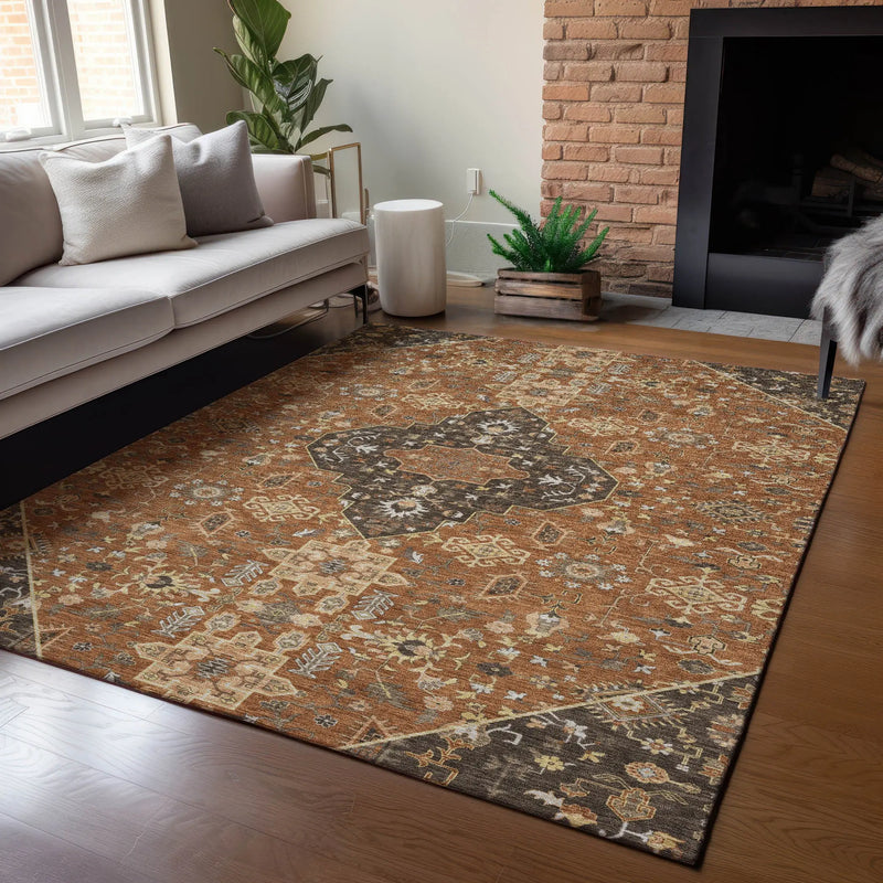 5' X 8' Orange And Brown Medallion Washable Indoor Outdoor Area Rug Homeroots Outdoor