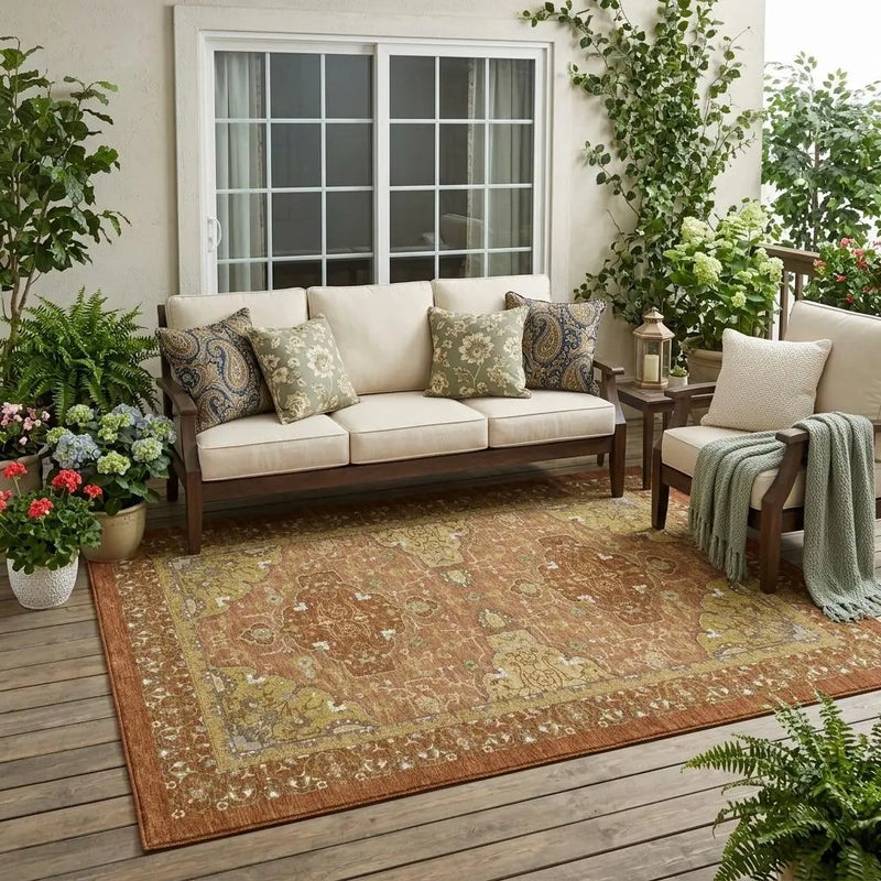 5' X 8' Orange And Brown Oriental Washable Indoor Outdoor Area Rug Homeroots Outdoor