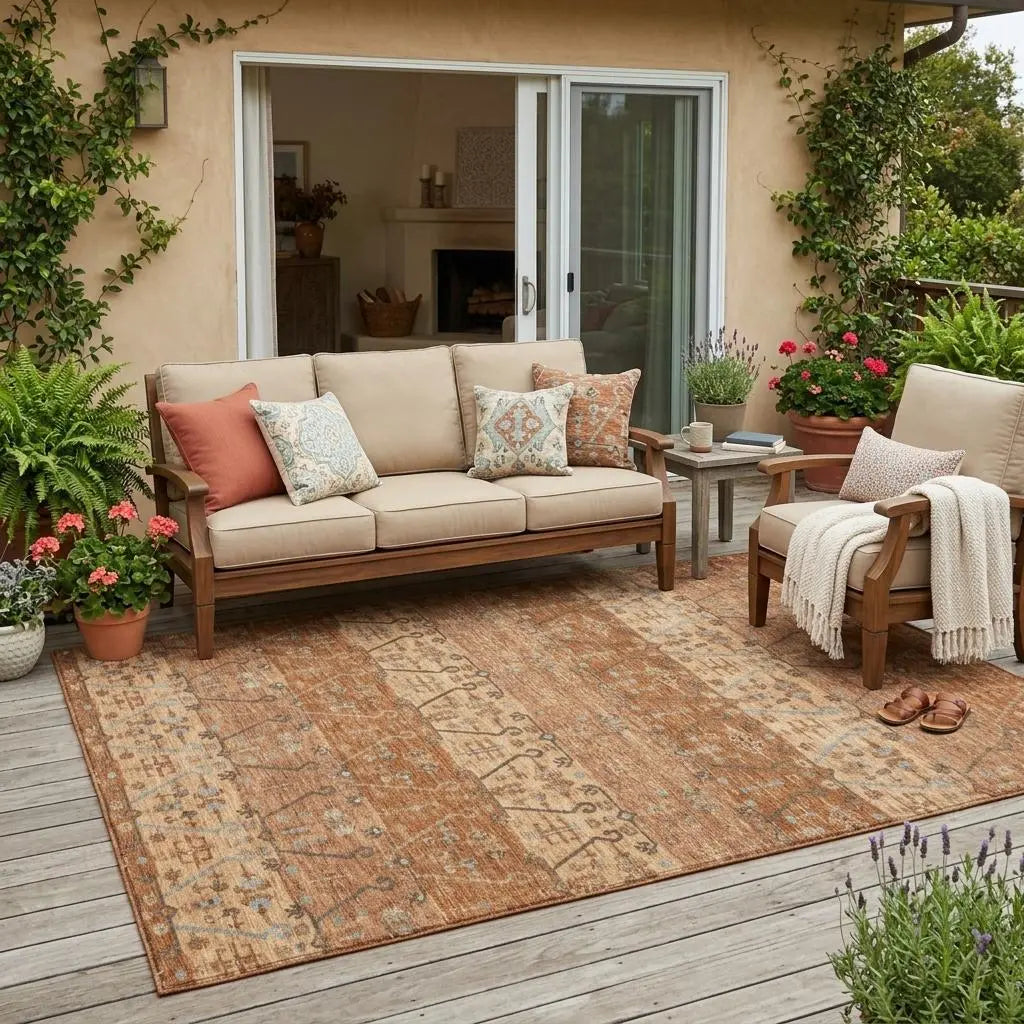 5' X 8' Orange And Brown Oriental Washable Indoor Outdoor Area Rug Homeroots Outdoor