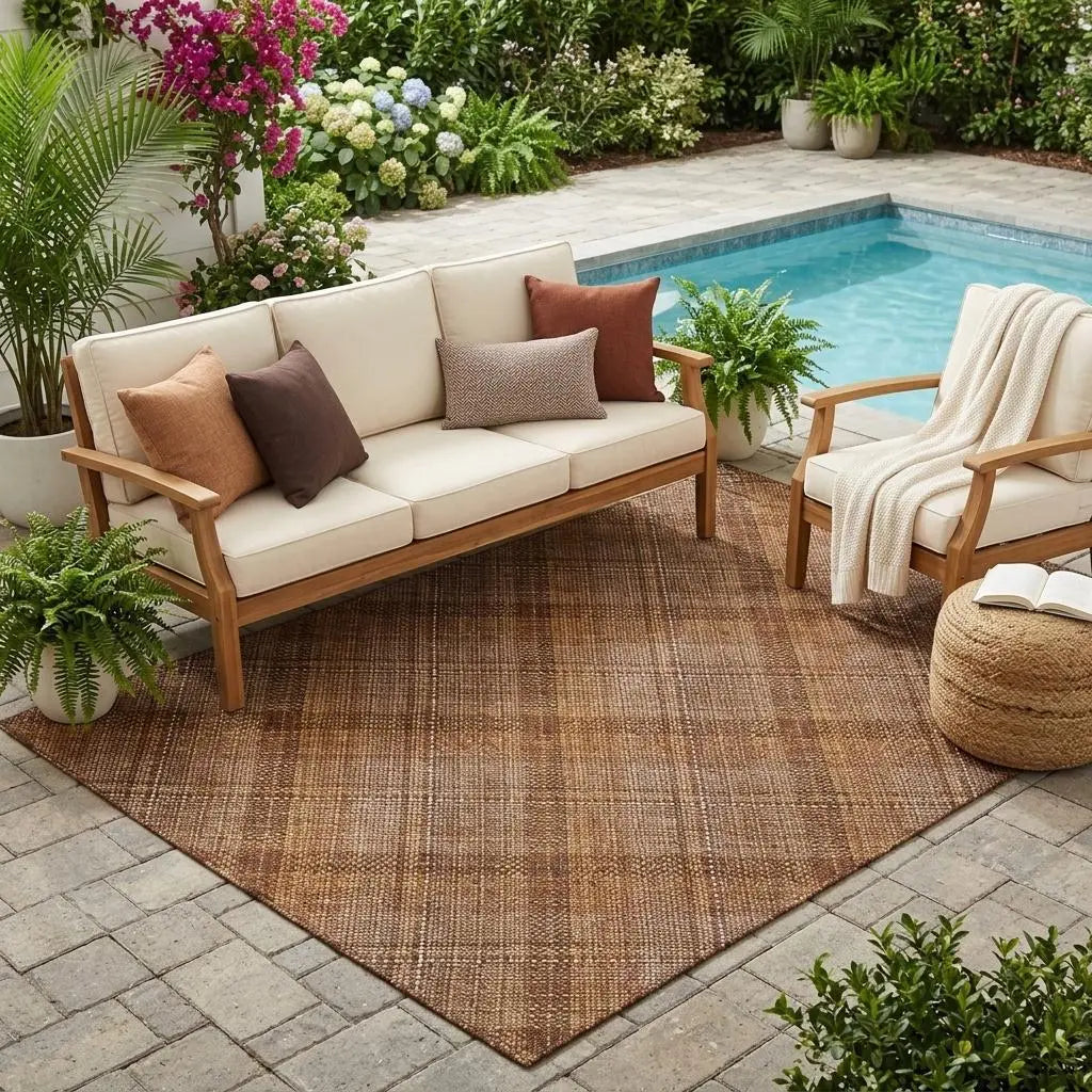 5' X 8' Orange And Brown Plaid Washable Indoor Outdoor Area Rug Homeroots Outdoor