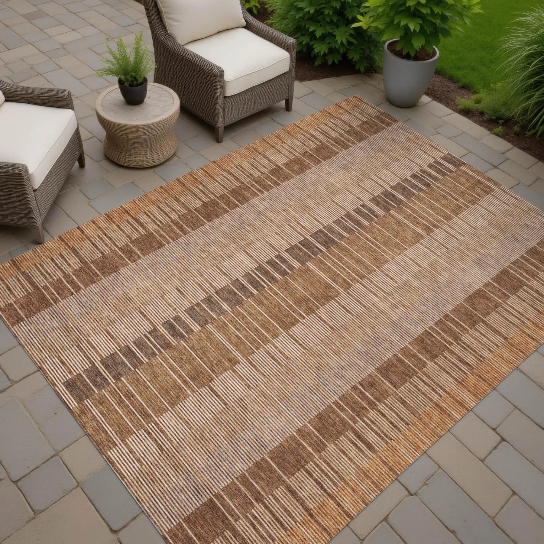 5' X 8' Orange And Brown Striped Washable Indoor Outdoor Area Rug Homeroots Outdoor