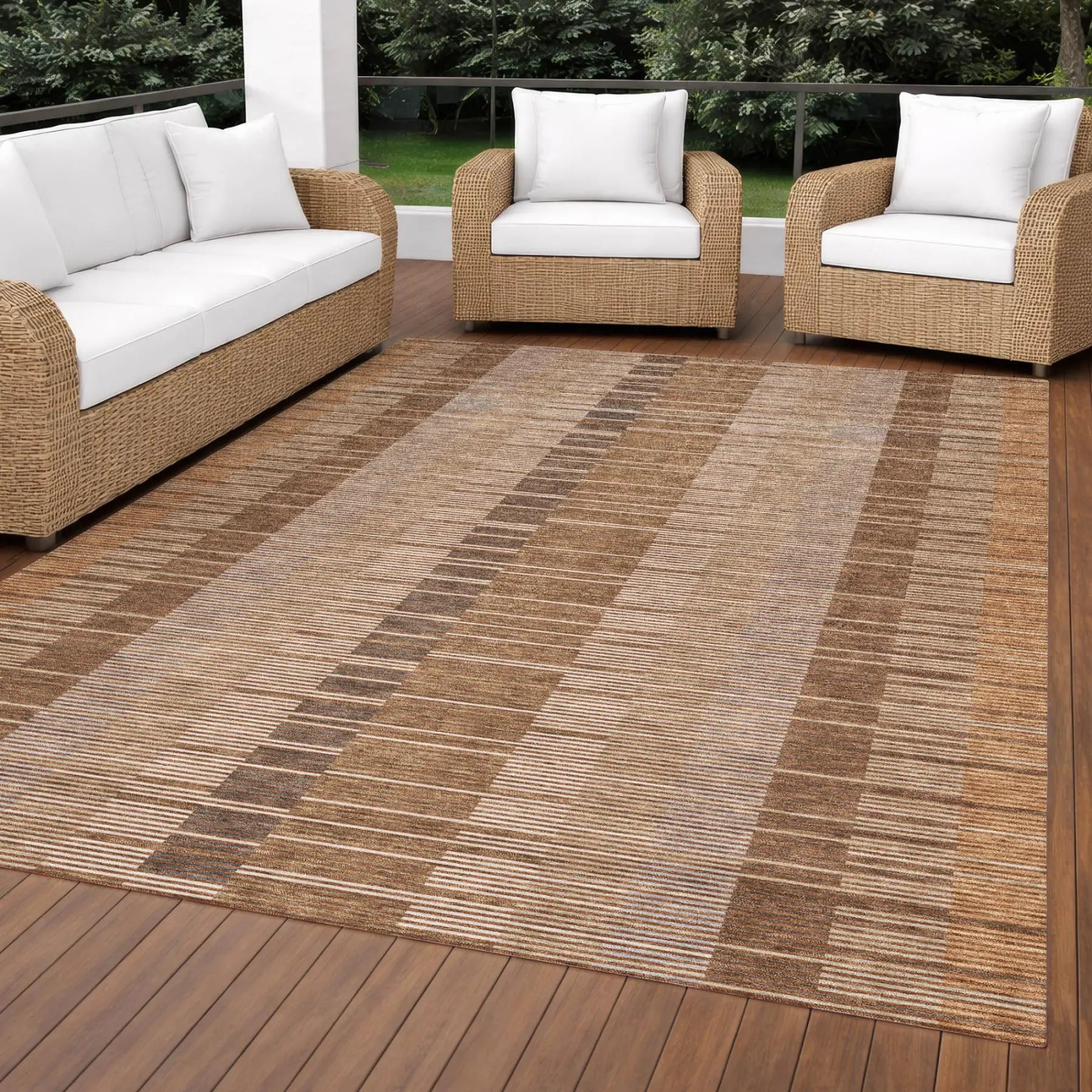 5' X 8' Orange And Brown Striped Washable Indoor Outdoor Area Rug Homeroots Outdoor