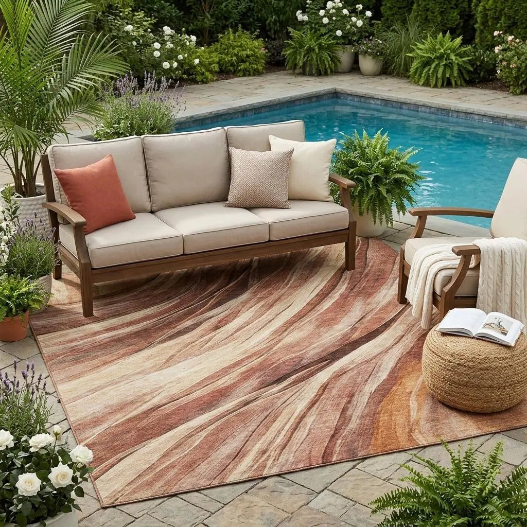 5' X 8' Orange And Burgundy Abstract Washable Indoor Outdoor Area Rug Homeroots Outdoor