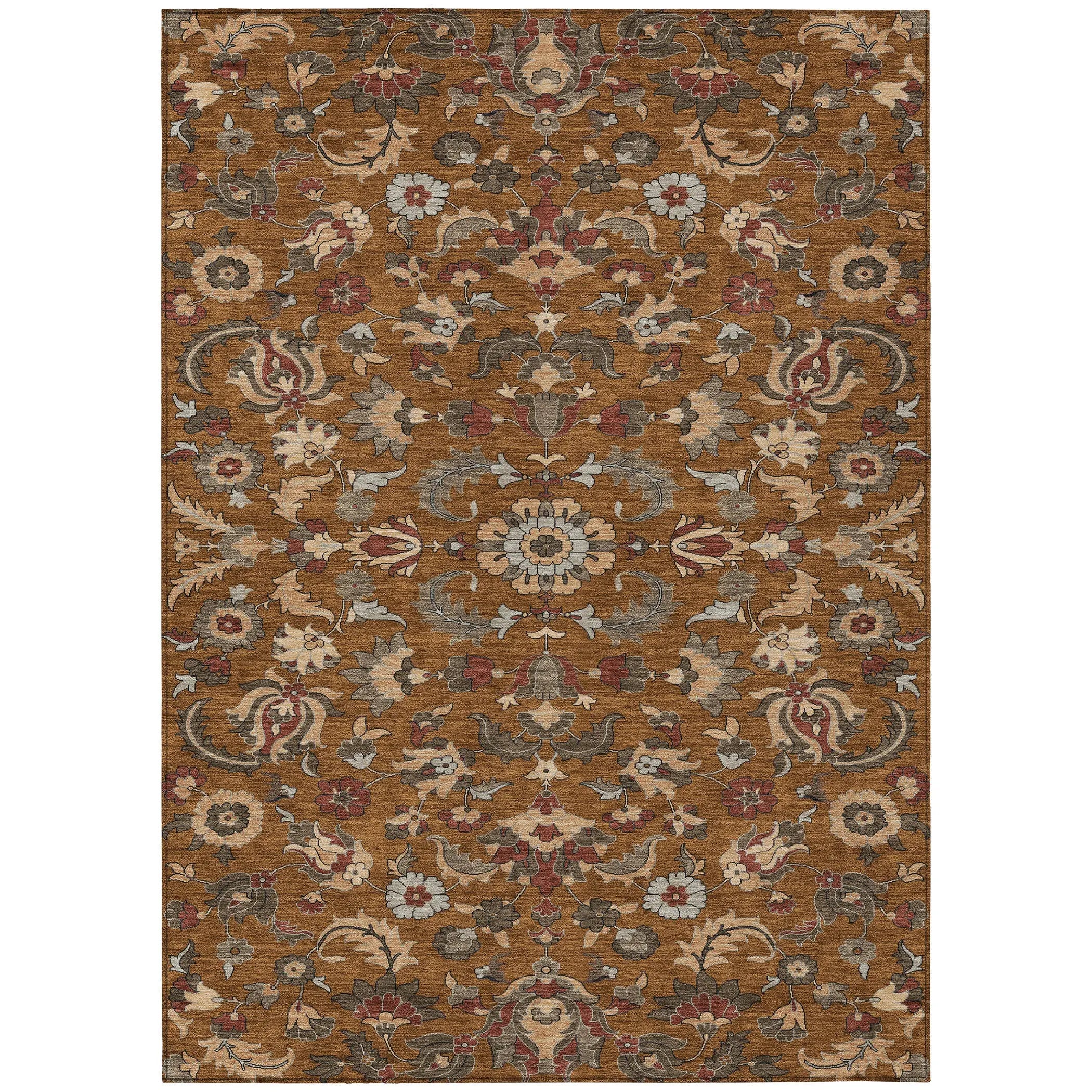 5' X 8' Orange And Burgundy Floral Medallion Washable Indoor Outdoor Area Rug Homeroots Outdoor