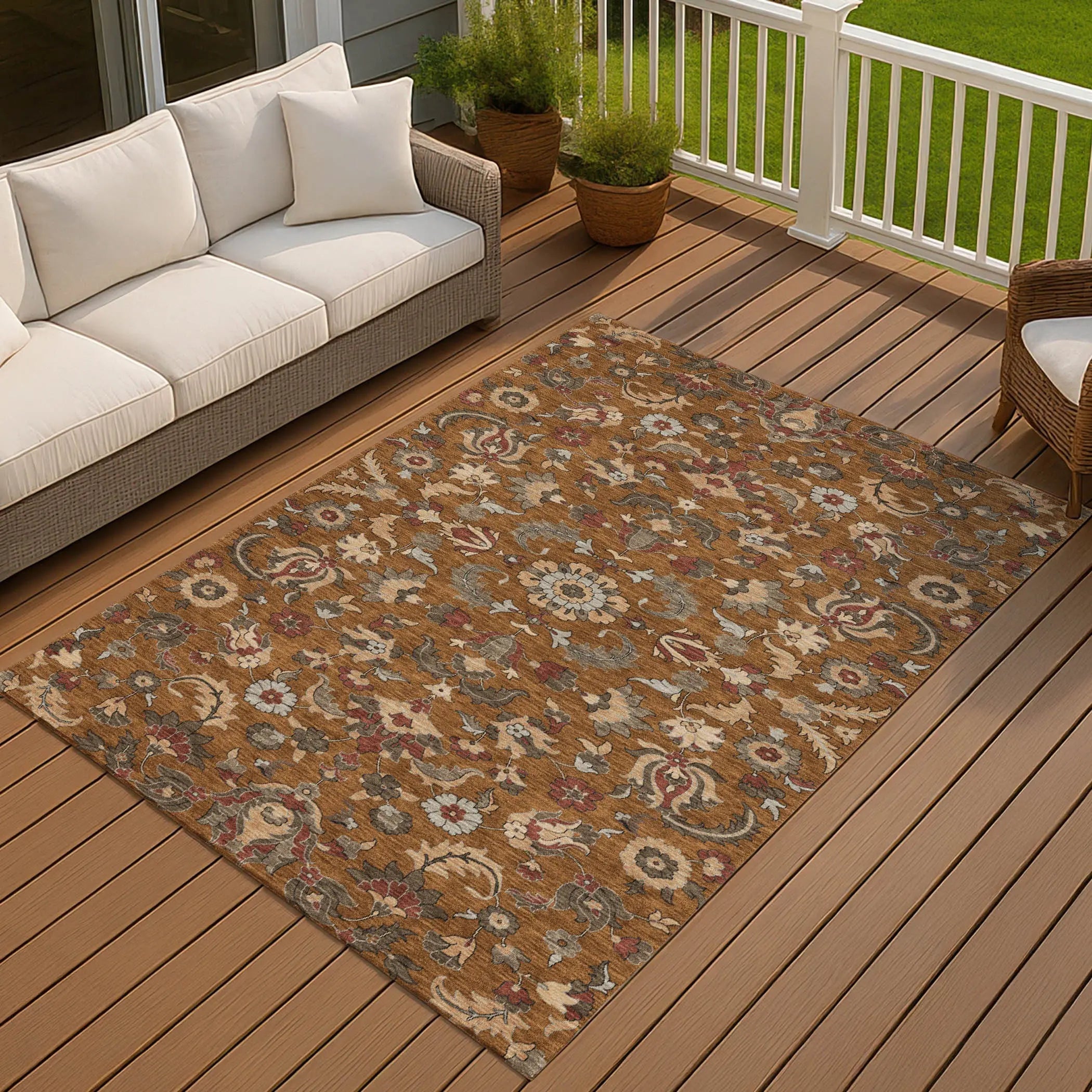 5' X 8' Orange And Burgundy Floral Medallion Washable Indoor Outdoor Area Rug Homeroots Outdoor