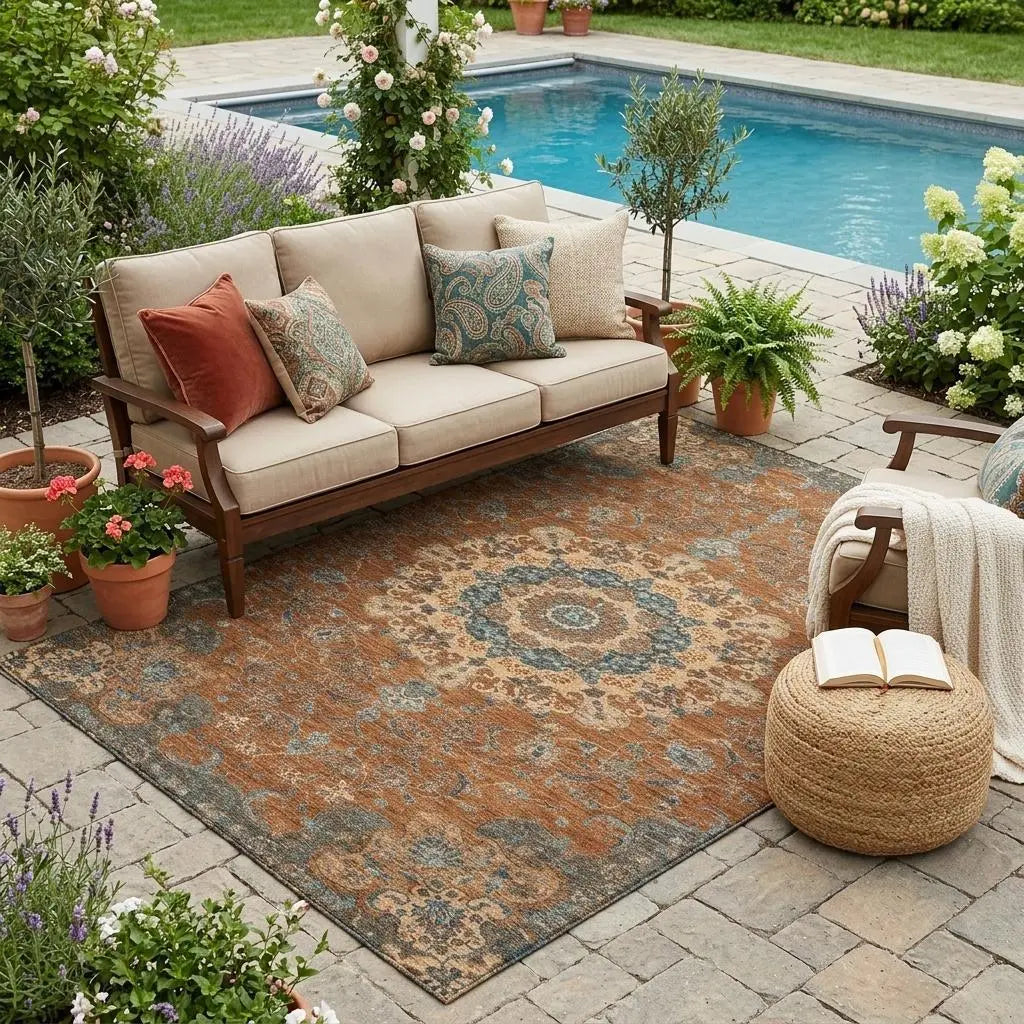 5' X 8' Orange And Charcoal Floral Medallion Washable Indoor Outdoor Area Rug Homeroots Outdoor