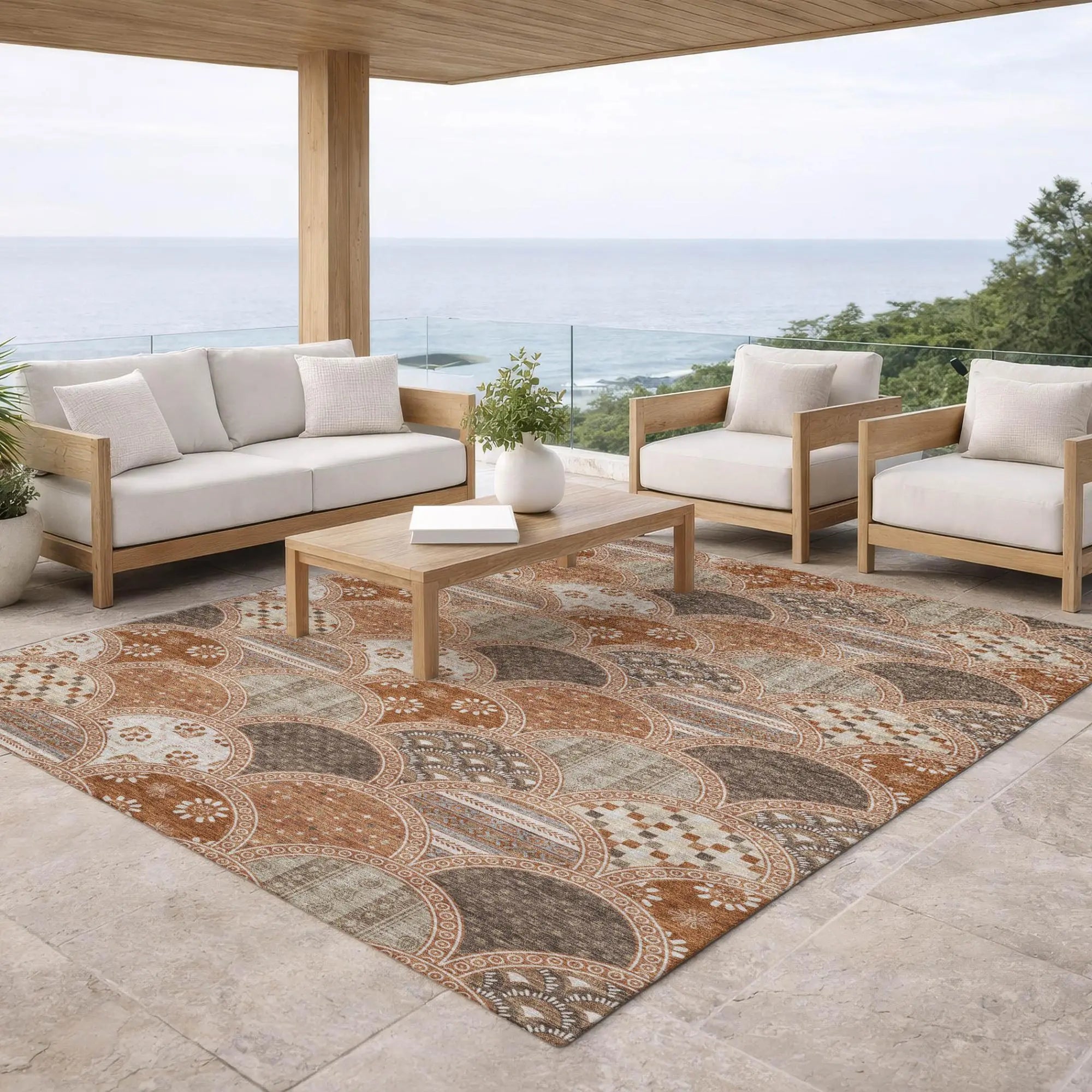 5' X 8' Orange And Chocolate Geometric Washable Indoor Outdoor Area Rug Homeroots Outdoor