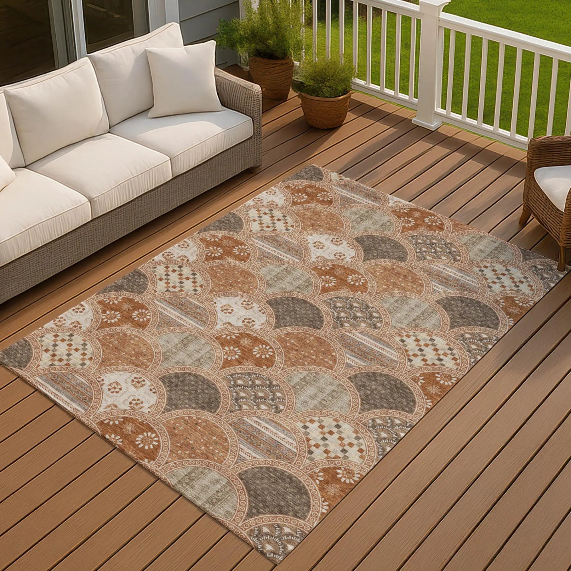 5' X 8' Orange And Chocolate Geometric Washable Indoor Outdoor Area Rug Homeroots Outdoor