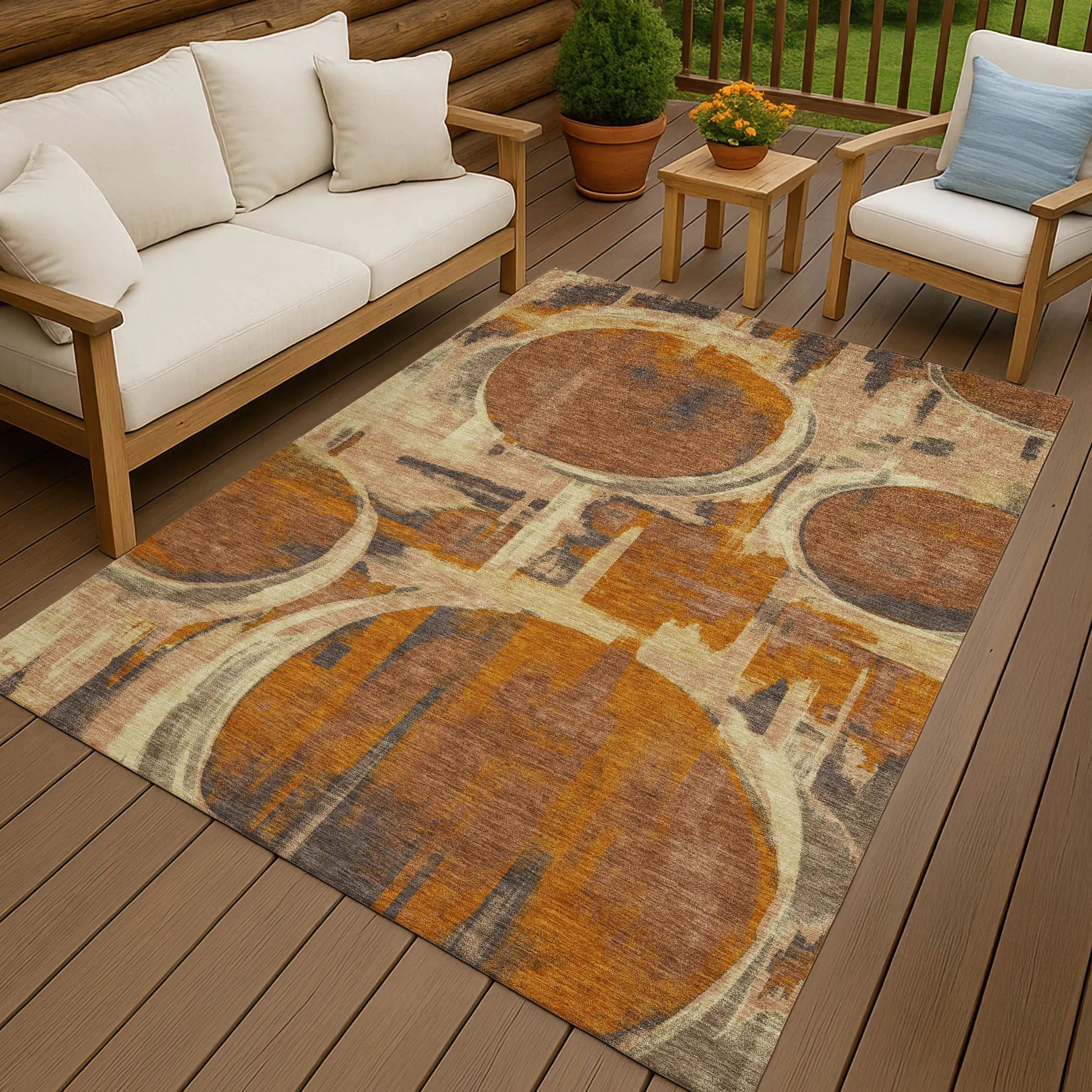 5' X 8' Orange And Copper Abstract Washable Indoor Outdoor Area Rug Homeroots Outdoor