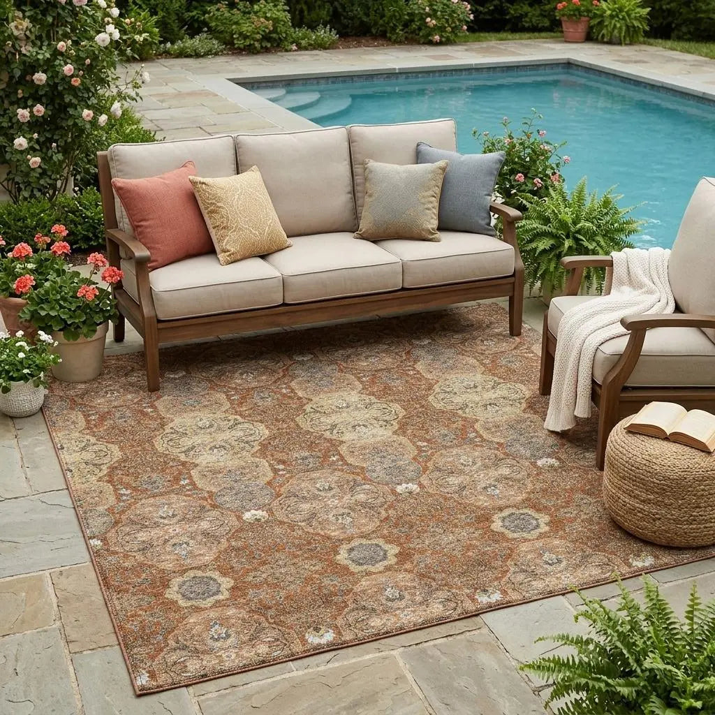 5' X 8' Orange And Copper Floral Washable Indoor Outdoor Area Rug Homeroots Outdoor