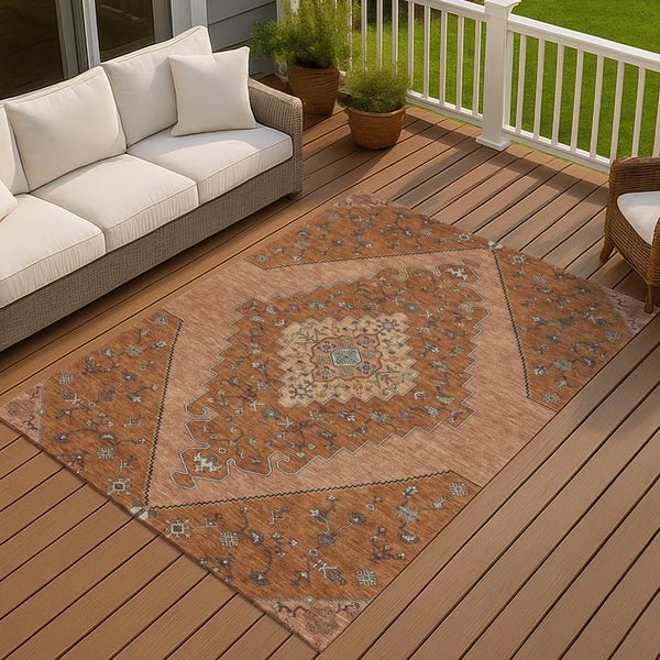 5' X 8' Orange And Copper Geometric Washable Indoor Outdoor Area Rug Homeroots Outdoor