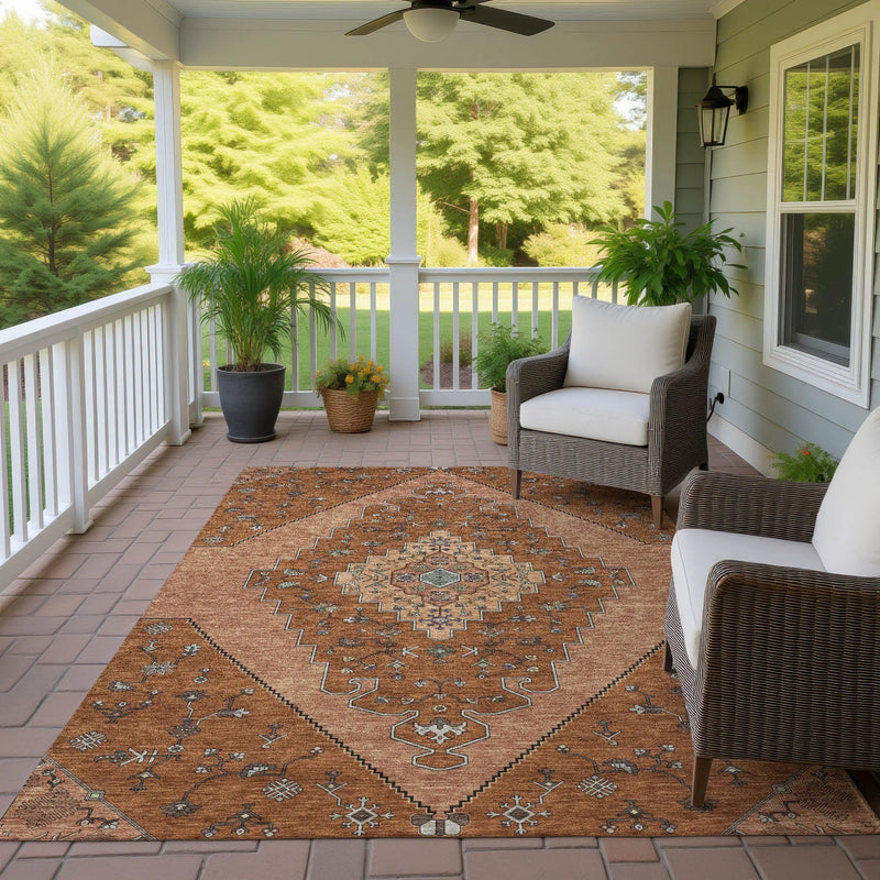 5' X 8' Orange And Copper Geometric Washable Indoor Outdoor Area Rug Homeroots Outdoor