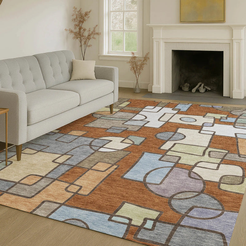 5' X 8' Orange And Copper Geometric Washable Indoor Outdoor Area Rug Homeroots Outdoor
