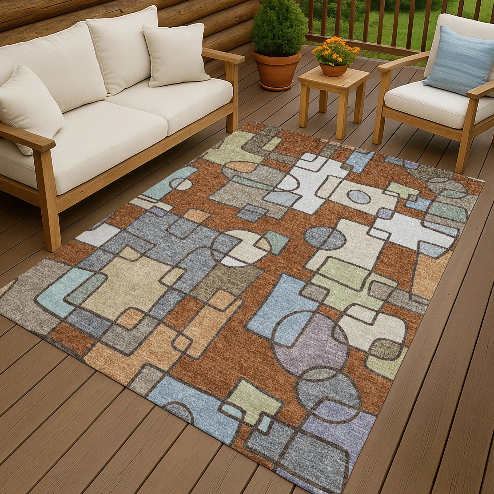 5' X 8' Orange And Copper Geometric Washable Indoor Outdoor Area Rug Homeroots Outdoor