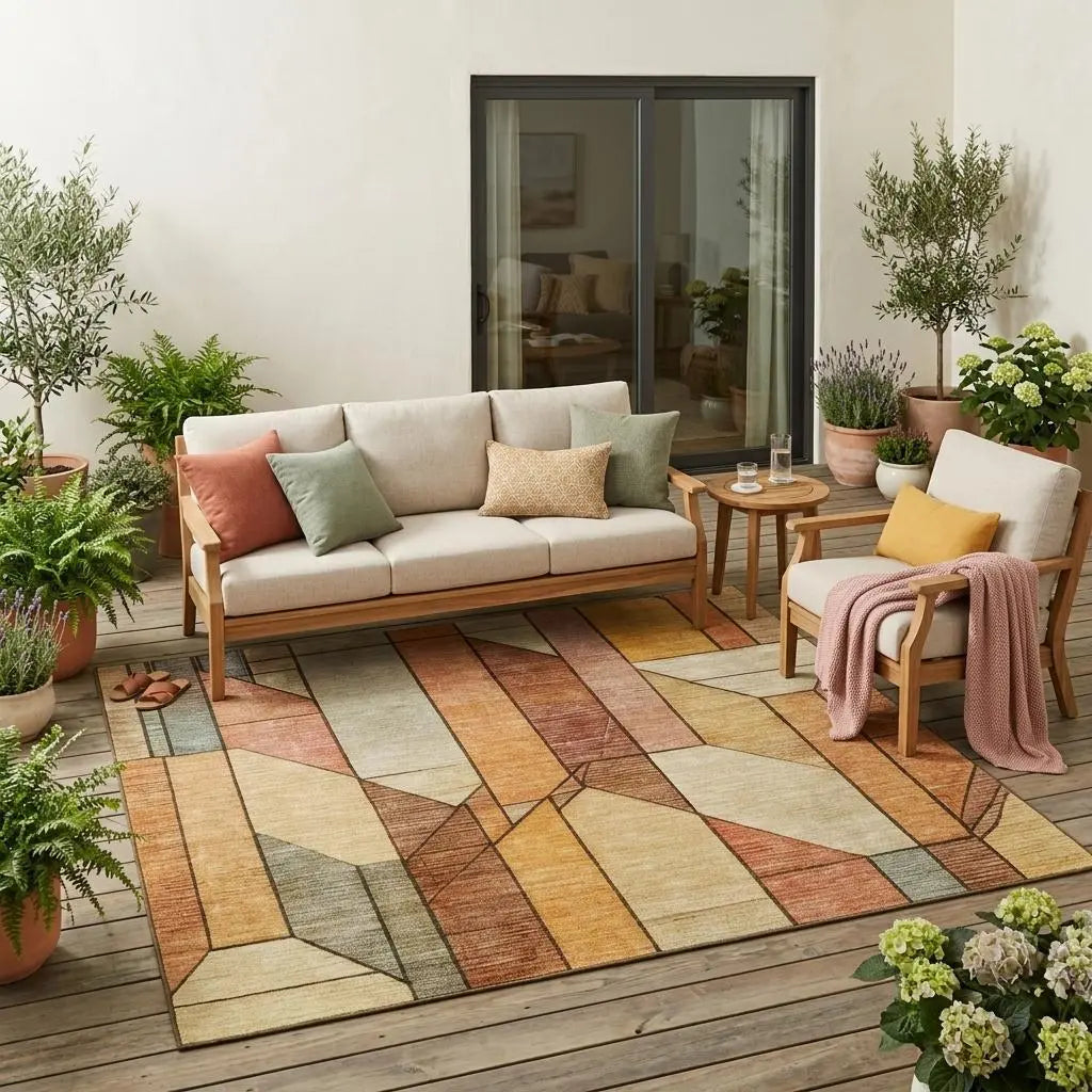 5' X 8' Orange And Copper Geometric Washable Indoor Outdoor Area Rug Homeroots Outdoor