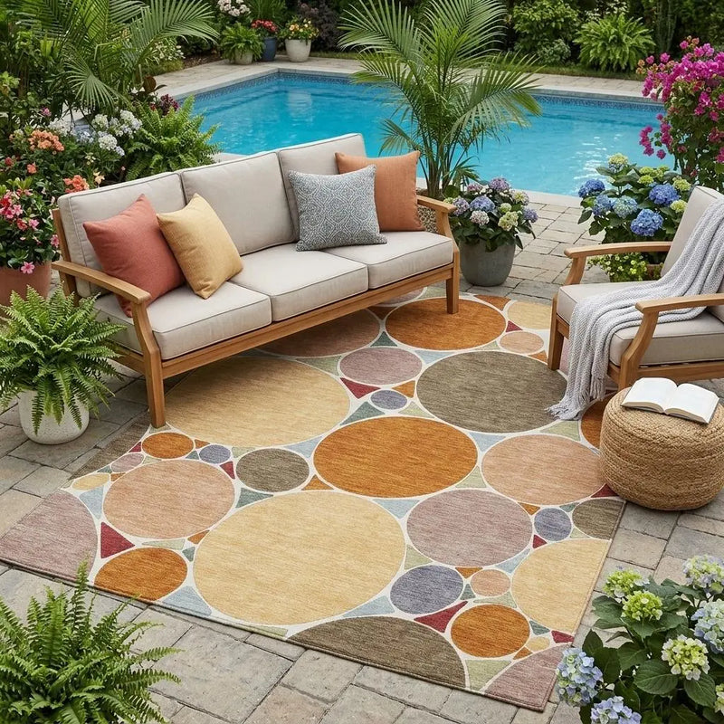 5' X 8' Orange And Copper Geometric Washable Indoor Outdoor Area Rug Homeroots Outdoor
