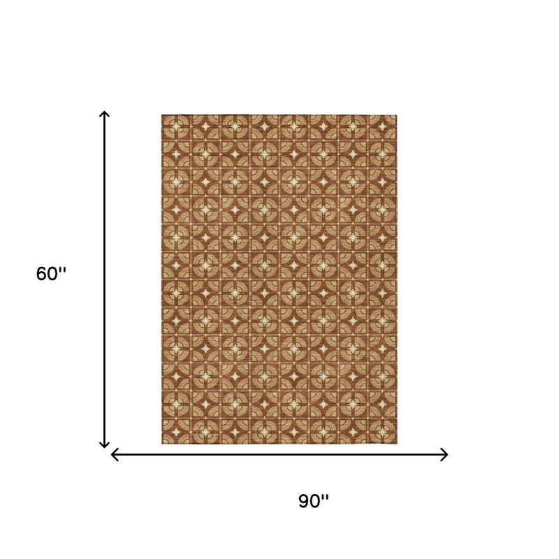 5' X 8' Orange And Copper Geometric Washable Indoor Outdoor Area Rug Homeroots Outdoor