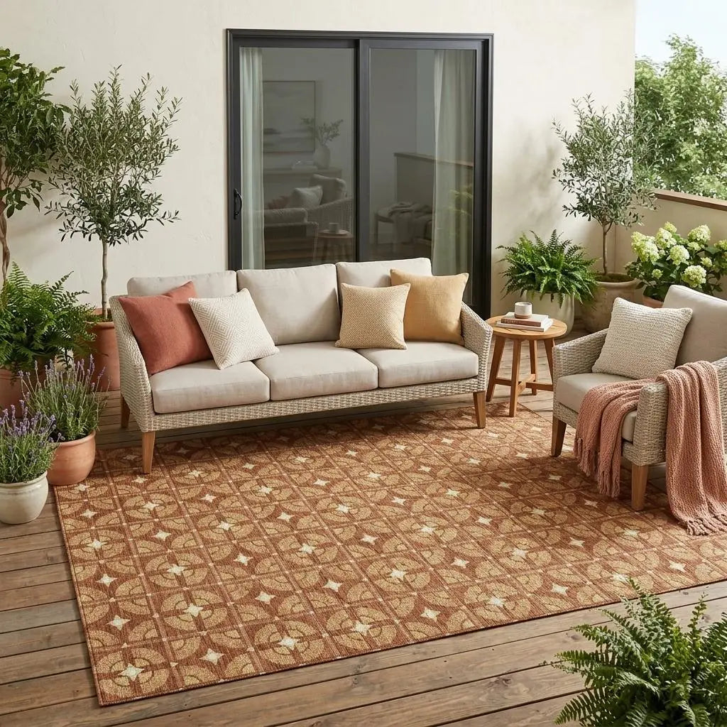 5' X 8' Orange And Copper Geometric Washable Indoor Outdoor Area Rug Homeroots Outdoor